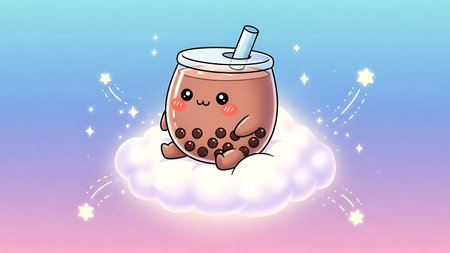 Cute cartoon coffee cup on a cloud with stars. Vector illustration.の素材