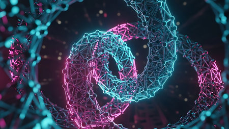 Abstract 3d rendering of neon wireframe DNA molecule. Science background.の素材