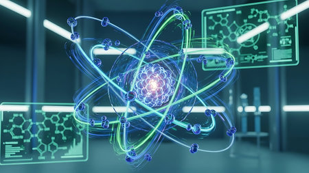 3D rendering of atom hologram over server room background. Science and technology conceptの素材