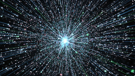 3d illustration of abstract geometric background with glowing particles in space.の素材