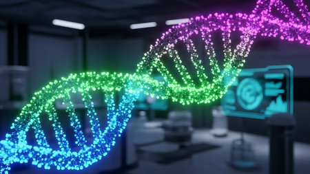 Digital image of DNA molecule on blurry office background. 3D renderingの素材