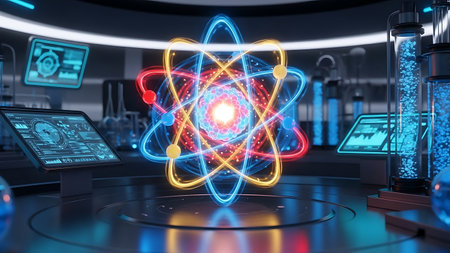 3D rendering of a scientific laboratory with atom in the center.の素材