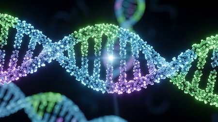 3D illustration DNA helix with blue and green particles on a black backgroundの素材