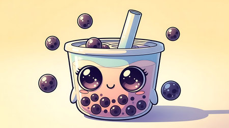 Funny cartoon bubble tea with chocolate balls. Cute vector illustration.の素材