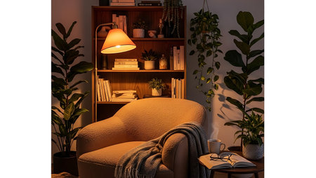 3D rendering of a cozy living room interior with an armchair, bookshelf, coffee table and plantsの素材