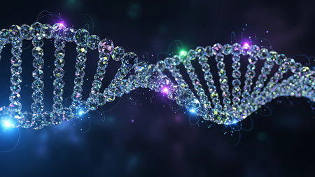 Digital illustration DNA structure with glowing particles on black background. 3D renderingの素材
