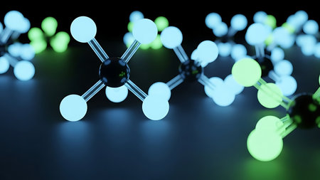 3d illustration of molecule structure over dark background. Science concept.の素材