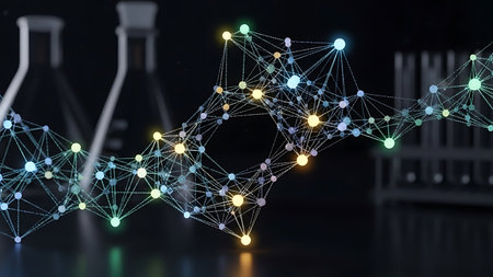 Conceptual background image with connected lines and dots on dark backdropの素材