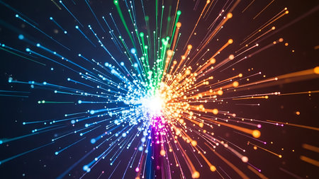 3d illustration of colorful fiber optic light rays. Computer generated abstract background.の素材