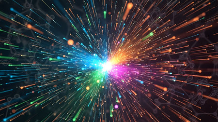 3d illustration of abstract geometric background with glowing particles in space.の素材