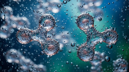 3D illustration of molecules in water with bubbles. Abstract background.の素材