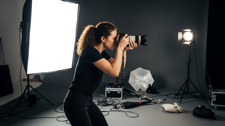Beautiful female photographer taking photos with professional camera in dark room.の素材