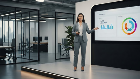 Young businesswoman in modern office using tablet computer. 3D renderingの素材
