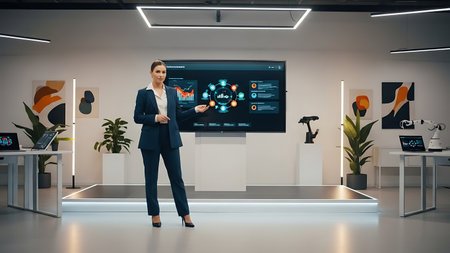 Young businesswoman using interactive display in modern office. 3D renderingの素材