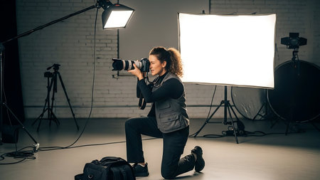 Photographer with professional camera in the photo studio. Professional photographer.の素材