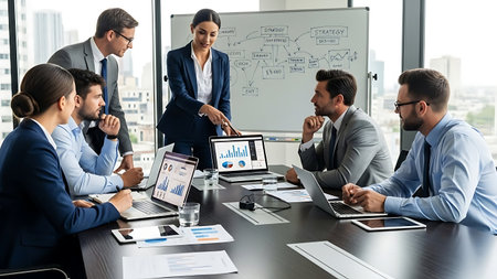 Group of business people in formal wear working and communicating in office.の素材