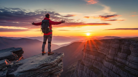 Hiker with backpack standing on the edge of cliff and looking at sunrise.の素材
