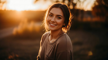 Portrait of a smiling young woman in the park at sunset.の素材