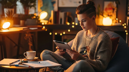 Attractive young woman using digital tablet while sitting on sofa at homeの素材