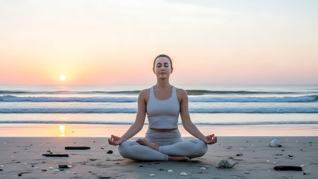 Young woman practicing yoga on the beach at sunrise. Healthy lifestyle concept.の素材
