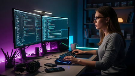 Portrait of young female programmer working at night in dark office.の素材