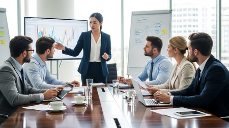 Group of business people discussing business plan in modern office. Businesswoman pointing at flipchart while sitting at table.の素材
