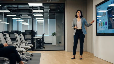 Front view of young businesswoman using mobile phone while standing in modern officeの素材