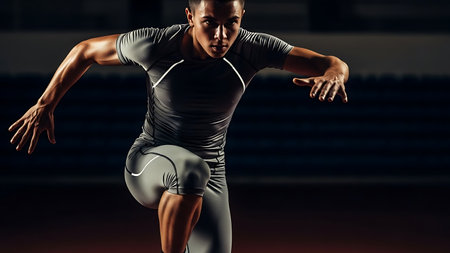 Athletic man running in track and field at night.の素材