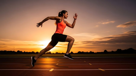 Athletic woman running on a track at sunset. Healthy lifestyle concept.の素材