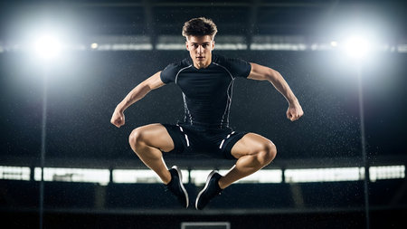Young man in sportswear jumping high at stadium. Mixed mediaの素材
