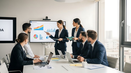 Group of business people working and communicating together in modern office. Business concept.の素材