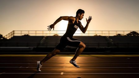 Runner athlete running on track and field at sunset. Sport and competition concept.の素材