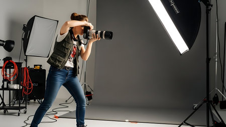 Female photographer with camera in the studio. Professional photographer with professional equipment.の素材