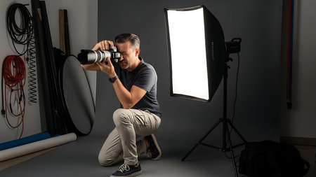 Photographer with camera and blank screen in studio. Full length.の素材