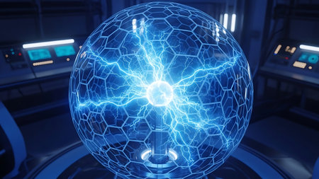 3D rendering of electric lightning bolt in a futuristic space station.の素材