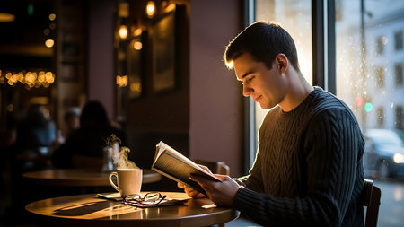 Young man reading a book in a cafe. Man with a cup of coffee.の素材