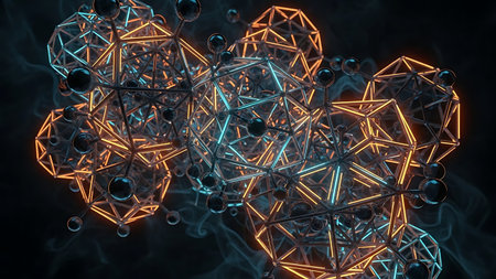 3d rendering of molecular structure with glowing particles in black space.の素材