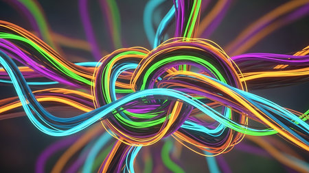 3d illustration of abstract background with neon lights over dark background.の素材