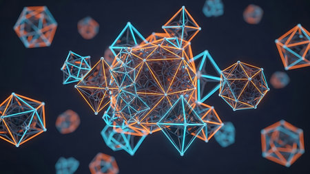 Abstract 3d rendering of chaotic polygonal object. Flying low poly shape. Futuristic background.の素材