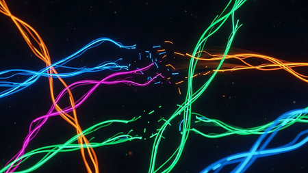 Neon light trails on a black background. 3D rendering.の素材