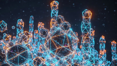 Abstract 3d rendering of polygonal construction. Futuristic wireframe landscape.の素材