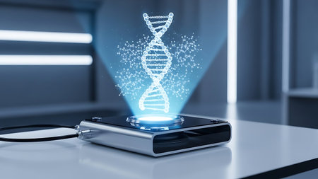 DNA hologram on smart phone screen. 3d rendering toned imageの素材