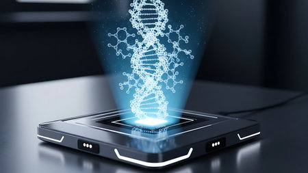 Smartphone with glowing DNA molecule on screen. Science and technology concept. 3D Renderingの素材