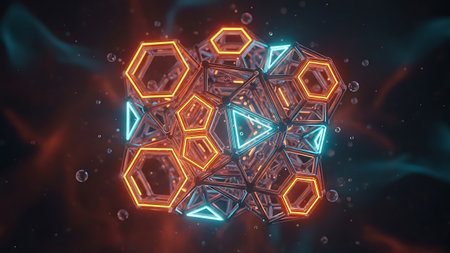 Abstract 3d rendering of chaotic hexagon shape with glowing particles.の素材