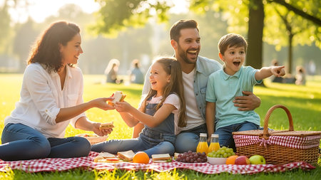 Happy family enjoying picnic in park. Mother, father and children having fun together.の素材