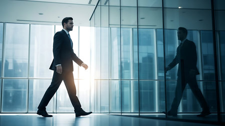 Businessman walking in the office. Business concept. Double exposure.の素材