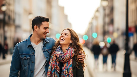 Young couple in love walking in the city. Man and woman on the street.の素材