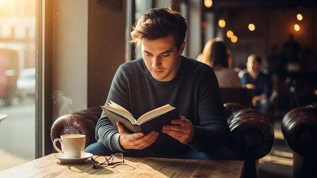 Handsome young man reading a book while sitting in a cafeの素材