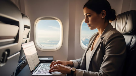 Beautiful businesswoman working on laptop while sitting in the airplane.の素材