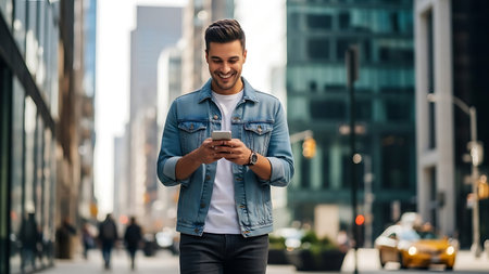 Cheerful young man using mobile phone while walking in the cityの素材